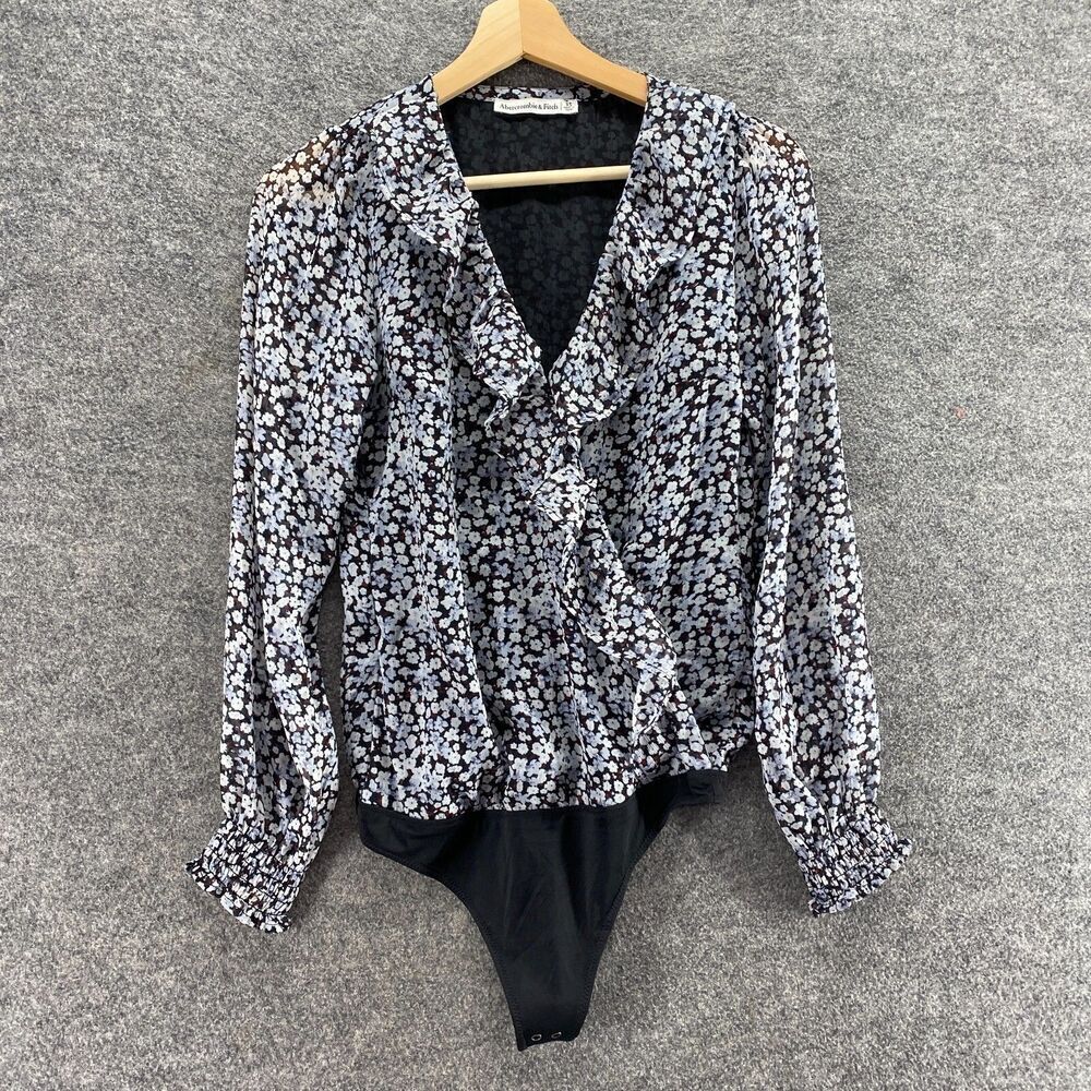Abercrombie & Fitch Bodysuit Women XS Black Floral Collared Long Sleeve Sheer